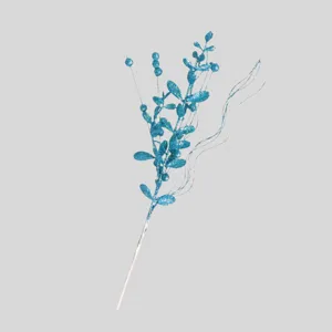 Rametto decorativo per albero di natale con glitter blu, accessorio floreale festivo per decorazioni natalizie e ornamenti stagionali invernali.