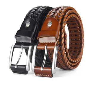 Handmade braided leather belts with silver pin buckle for men and women