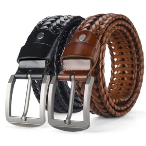Hand-woven leather braided belts for men and women featuring vintage metal pin buckle