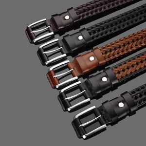 Hand-woven genuine leather belts in multiple colors with a classic metal pin buckle