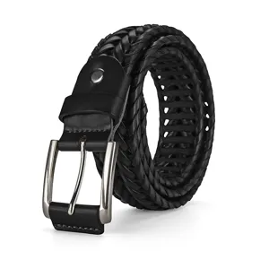 Classic black handmade braided leather belt featuring a silver pin buckle for men