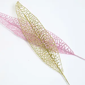 Foglie di plastica glitterate oro e rosa con intaglio per decorazione albero di Natale