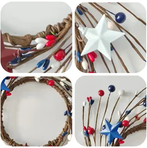 Detail view of Independence Day patriotic wreath with red white blue berries and stars for decor.