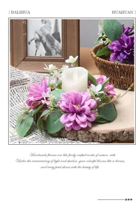 Close-up of artificial dahlia candle ring floral centerpiece with white LED candle.