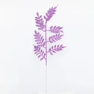 Purple glitter artificial leaf branch for Christmas wedding decoration and photo props