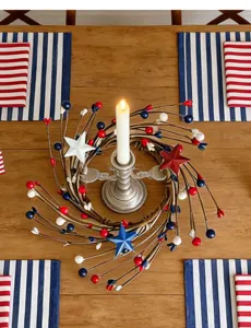 Detailed view of patriotic candle ring with red white blue berries and stars for holiday decor.