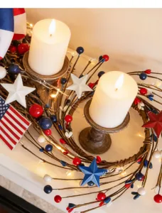 Patriotic candle ring with stars and berries for 4th of July home decor table centerpiece