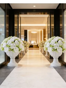 Artificial white rose ball floral arrangements in classical urns for wedding walkway decor