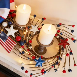 Independence day candle holder wreath red white and blue patriotic home table decor set