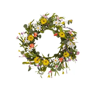 Ghirlanda di fiori artificiali con margherite e foglie di eucalipto per porta casa