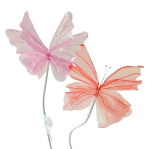 Pair of iridescent mesh butterflies on stalks for romantic wedding and festival home decor