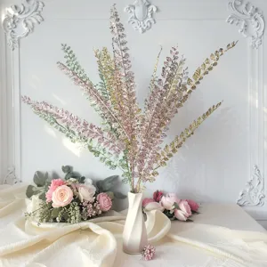 6-prong glitter double leaf fern branch artificial flowers for home vase decor and wedding floral arrangement