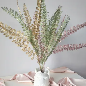 Glitter fern leaves artificial branch home indoor floral arrangement vase bouquet decor