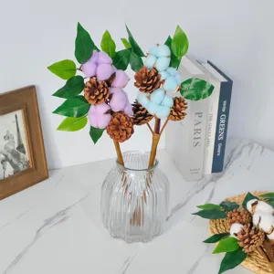 Colorful cotton pinecone floral branch detail, artificial plant for home decor and party styling.