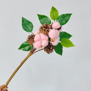 Colored cotton pinecone Christmas floral branch, artificial flower for home decor and holiday party.