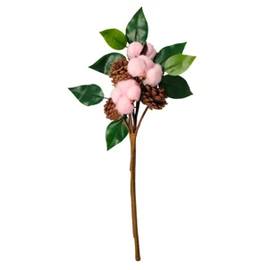 Artificial pink cotton branch with pine cones, green leaves, home Christmas decor prop.