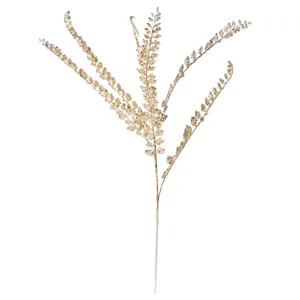Gold glitter artificial plant branch 6-forked leaf stem for home vase floral decor wedding.