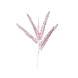 Detailed close-up of the sparkly pink glitter artificial leaf branch, showing glittering texture.