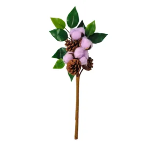 Artificial purple cotton bolls pinecone floral stem for home Christmas decor item.