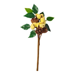 Artificial Christmas floral branch with yellow cotton balls and pinecones for home decor.