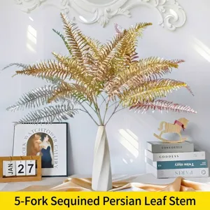 Branche de Feuille de Perse Artificielle à Paillettes pour Décoration de Noël Élégante Fausse Plante à Cinq Fourchettes pour Mariage