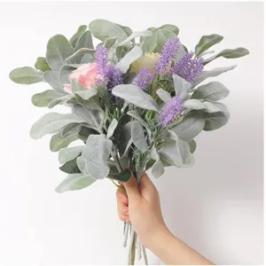 Bouquet di foglie di orecchio di agnello floccate artificiali pianta verde per decorazione casa