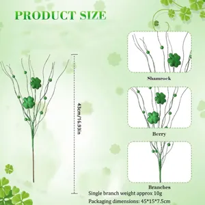 Rami di trifoglio artificiali per San Patrizio con bacche glitterate, lunghi 43 cm