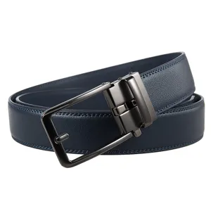 Close-up view of a navy blue leather belt with a dark metallic automatic buckle