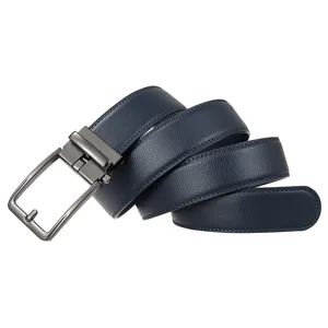 Detailed view of navy blue pebble leather belt texture and gunmetal buckle finish