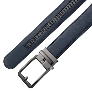 Detailed close-up of a navy blue leather belt featuring a gunmetal automatic buckle
