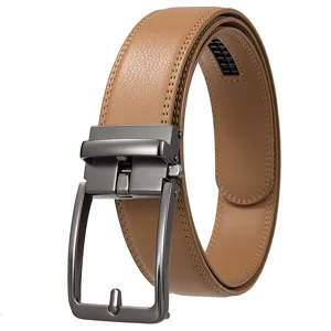 Close-up of men's leather belt with gunmetal automatic buckle and textured strap