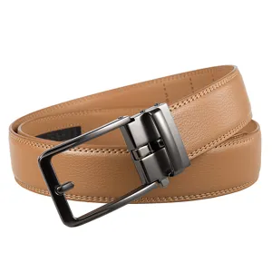 Macro view of brown men's leather belt with textured grain and metallic automatic buckle