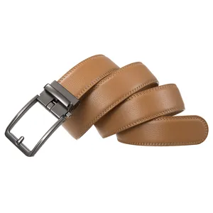 Detailed macro view of brown pebbled leather belt with a dark grey automatic metal buckle