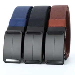 Detail view of men's high elastic nylon tactical belts in three colors with automatic buckles