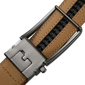 Detailed macro view of men's brown leather belt with gunmetal automatic buckle mechanism