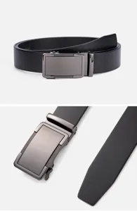Close-up of premium black leather belt with automatic gunmetal buckle.