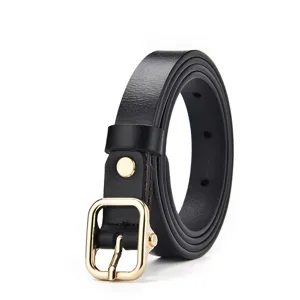 Women's minimalist genuine leather belt with elegant gold pin buckle for jeans or dresses