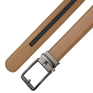Close-up detail of a brown men's leather belt with an automatic gunmetal ratchet buckle