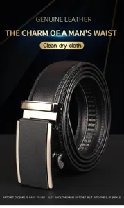 Detailed view of men's genuine leather ratchet belt featuring a smooth automatic buckle