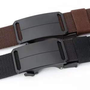 Close-up of durable men's tactical nylon belt with matte black automatic buckle