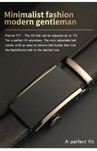 Close-up detail of a matte black automatic buckle on a premium textured leather men's belt.