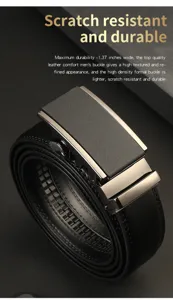 Close-up detail showing the scratch resistant automatic buckle and black leather belt