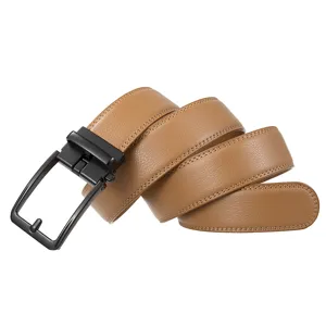 Close-up of brown leather belt with sleek black automatic buckle mechanism