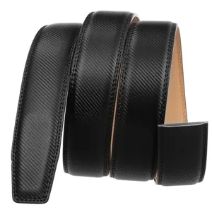 Macro detail showing the diagonal texture and stitching on a black leather belt strap