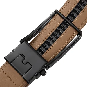 Close-up detail of a brown leather belt featuring a matte black automatic slide buckle