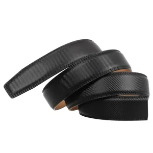 Detail view of black textured leather belt strap for automatic buckles, 3.5cm width.
