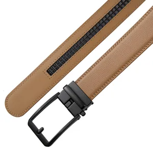 Detailed macro view of a tan leather men's belt with a matte black automatic buckle