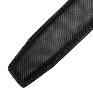 Close-up detail of a black automatic belt strap with carbon fiber texture.