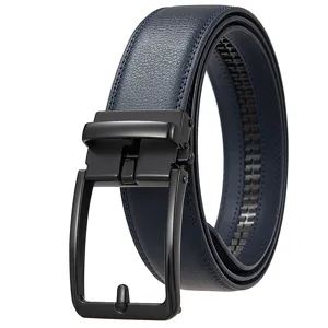 Close-up detail showing the texture of navy blue leather belt and black automatic buckle