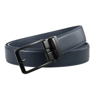 Close-up of navy blue split leather belt with black automatic buckle and grain texture